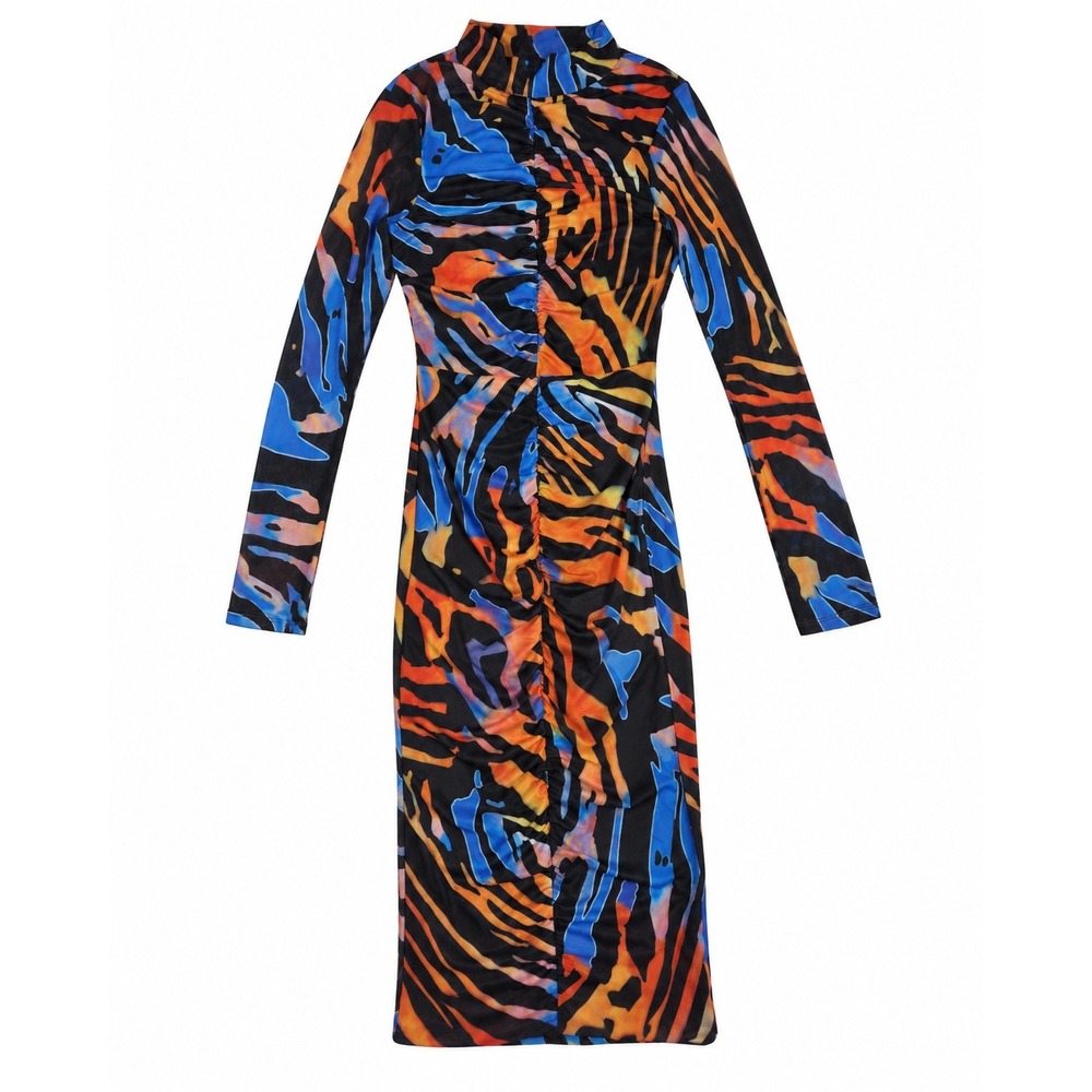 AKIRA Fall For Me Mesh Midi Dress S Abstract Ruched Bodycon Long Sleeve Y2K